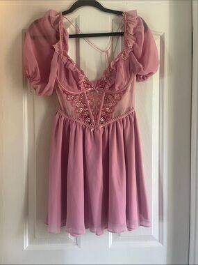 For Love & Lemons Pink Puff Sleeve Mini Dress